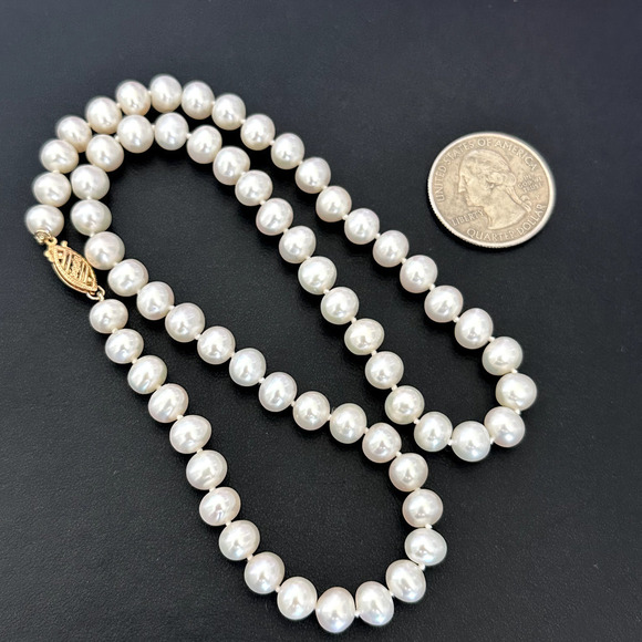 14K Yellow Gold Genuine Real 7MM Cream Pearls Hand Knotted Strand Necklace 18" - Picture 10 of 14